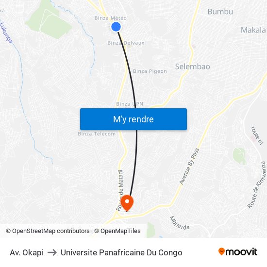 Av. Okapi to Universite Panafricaine Du Congo map