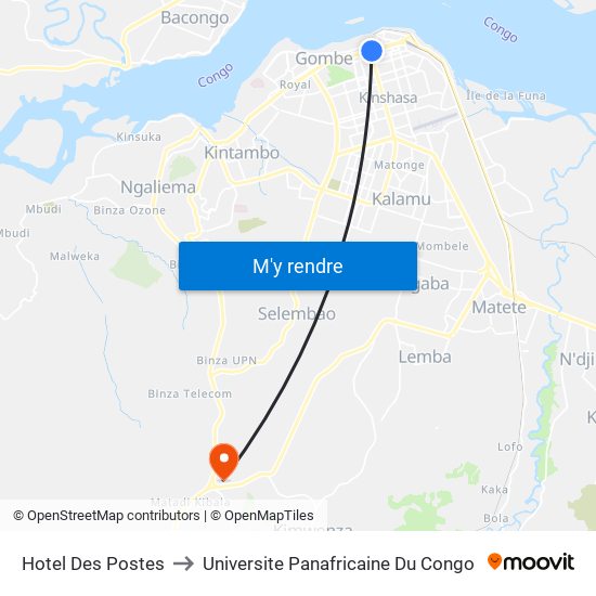 Hotel Des Postes to Universite Panafricaine Du Congo map