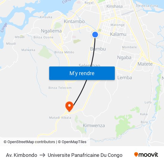 Av. Kimbondo to Universite Panafricaine Du Congo map