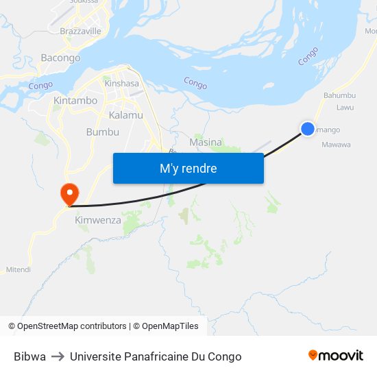 Bibwa to Universite Panafricaine Du Congo map