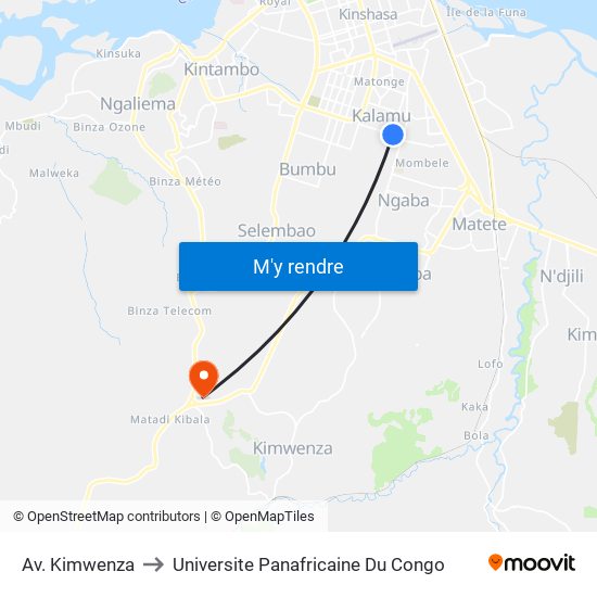 Av. Kimwenza to Universite Panafricaine Du Congo map