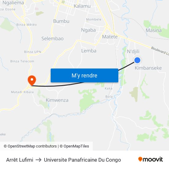 Arrêt Lufimi to Universite Panafricaine Du Congo map