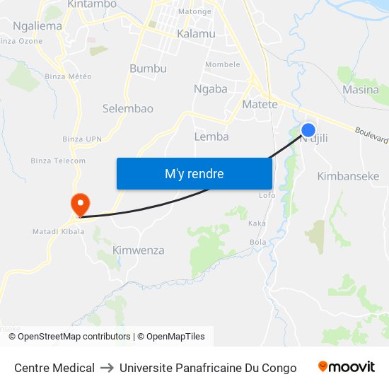 Centre Medical to Universite Panafricaine Du Congo map