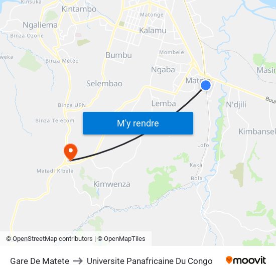 Gare De Matete to Universite Panafricaine Du Congo map