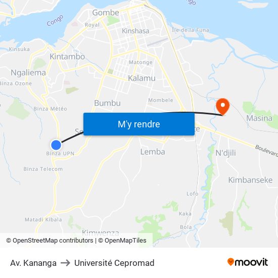 Av. Kananga to Université Cepromad map