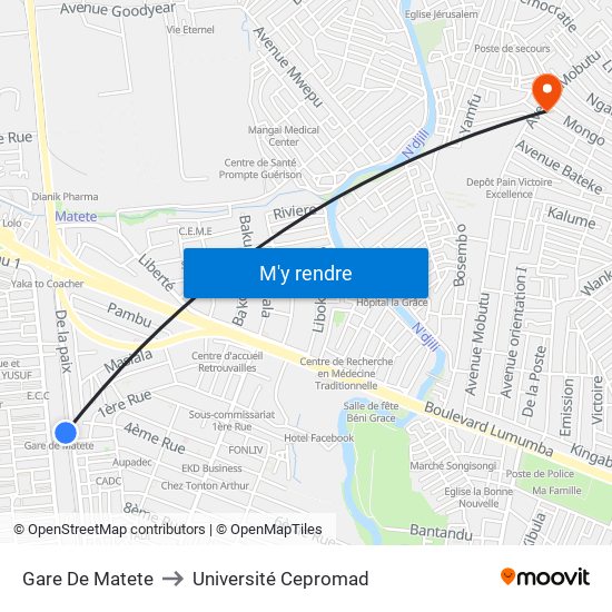 Gare De Matete to Université Cepromad map