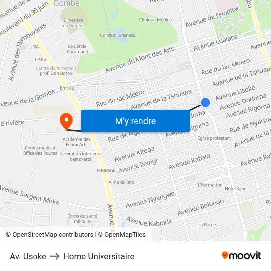 Av. Usoke to Home Universitaire map