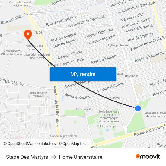 Stade Des Martyrs to Home Universitaire map