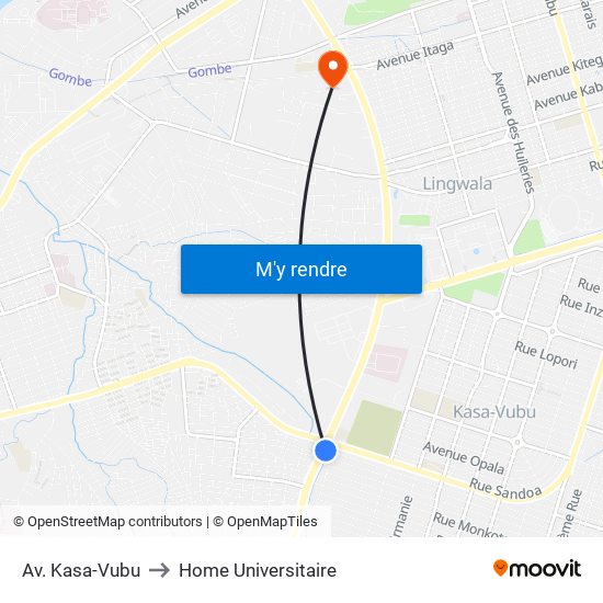 Av. Kasa-Vubu to Home Universitaire map