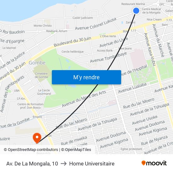 Av. De La Mongala, 10 to Home Universitaire map