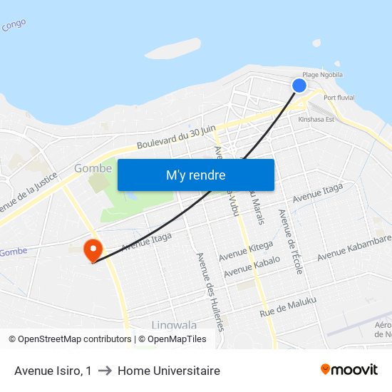 Avenue Isiro, 1 to Home Universitaire map