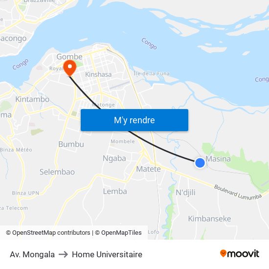 Av. Mongala to Home Universitaire map