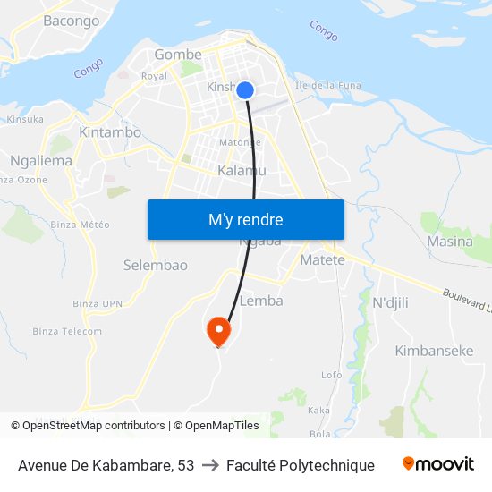 Avenue De Kabambare, 53 to Faculté Polytechnique map