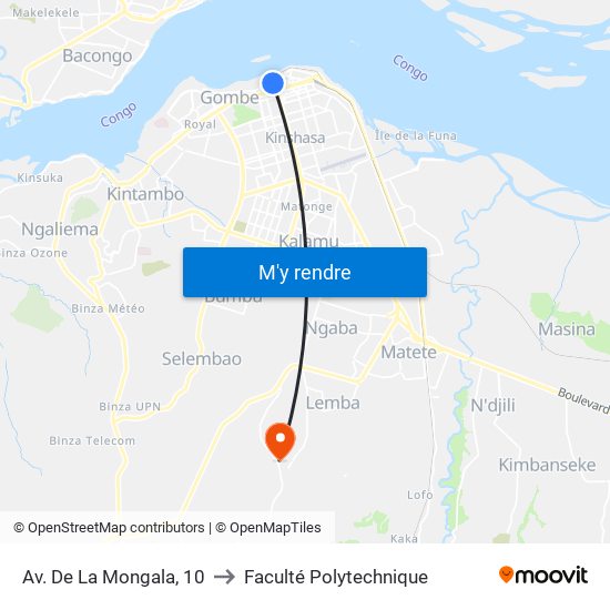 Av. De La Mongala, 10 to Faculté Polytechnique map