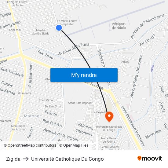 Zigida to Université Catholique Du Congo map