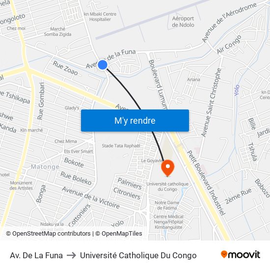 Av. De La Funa to Université Catholique Du Congo map