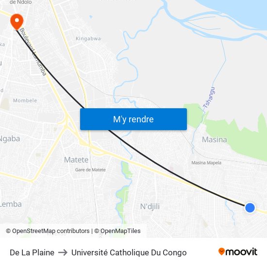 De La Plaine to Université Catholique Du Congo map