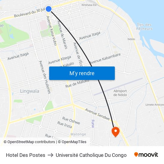 Hotel Des Postes to Université Catholique Du Congo map