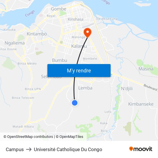 Campus to Université Catholique Du Congo map