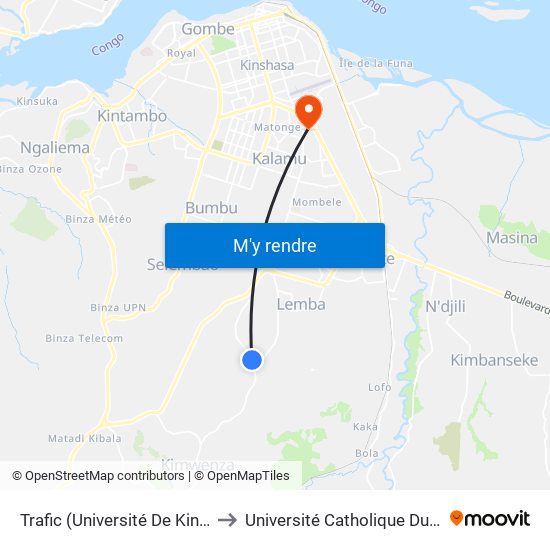 Trafic (Université De Kinshasa) to Université Catholique Du Congo map