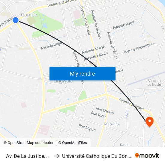 Av. De La Justice, 39 to Université Catholique Du Congo map
