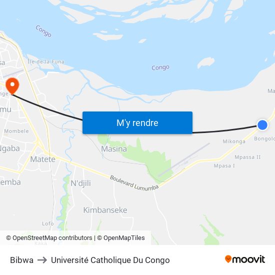 Bibwa to Université Catholique Du Congo map