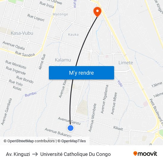 Av. Kinguzi to Université Catholique Du Congo map