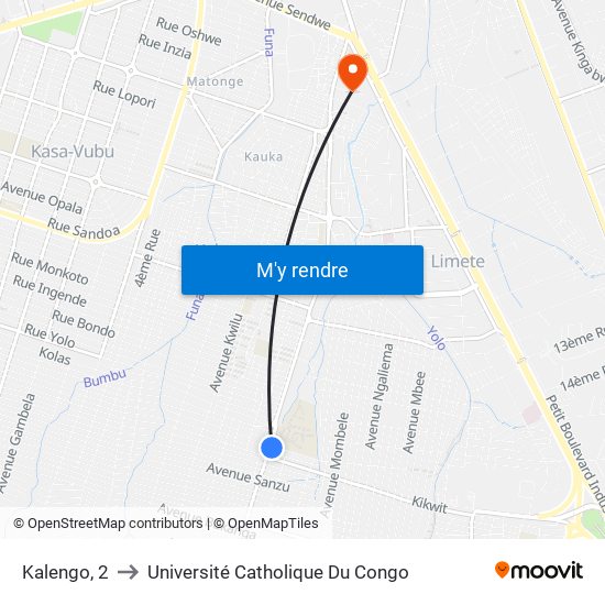 Kalengo, 2 to Université Catholique Du Congo map