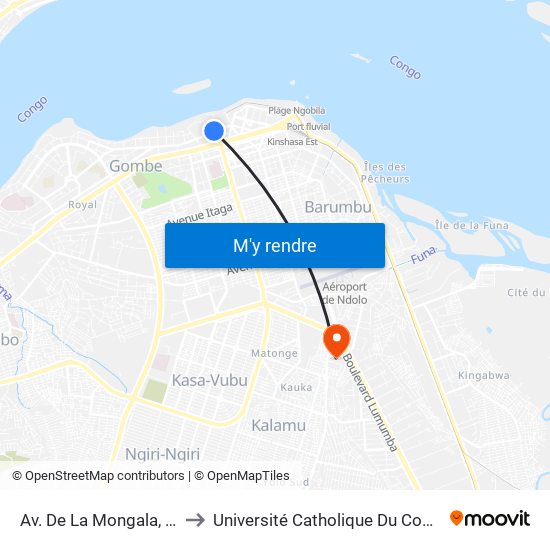 Av. De La Mongala, 10 to Université Catholique Du Congo map