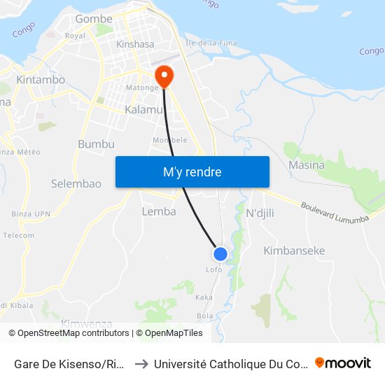 Gare De Kisenso/Riflart to Université Catholique Du Congo map