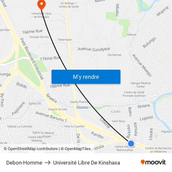 Debon-Homme to Université Libre De Kinshasa map