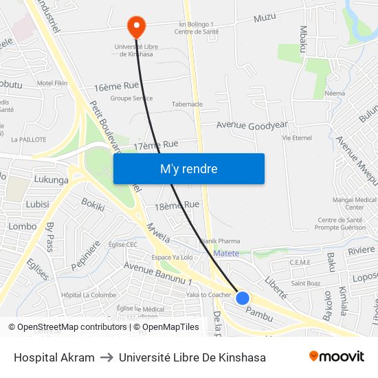 Hospital Akram to Université Libre De Kinshasa map