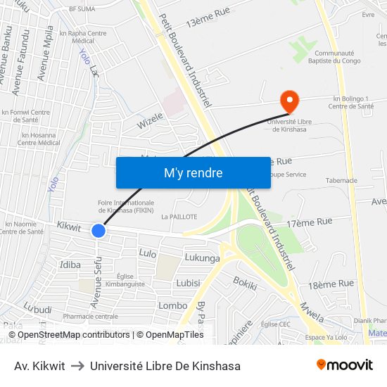 Av. Kikwit to Université Libre De Kinshasa map