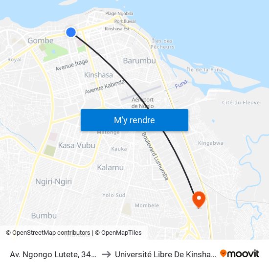 Av. Ngongo Lutete, 3469 to Université Libre De Kinshasa map