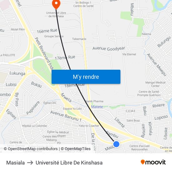 Masiala to Université Libre De Kinshasa map