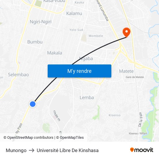 Munongo to Université Libre De Kinshasa map