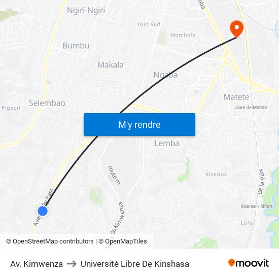 Av. Kimwenza to Université Libre De Kinshasa map
