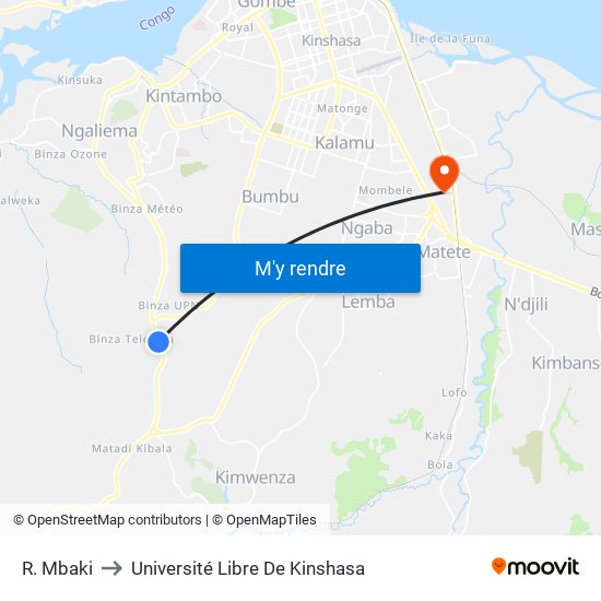 R. Mbaki to Université Libre De Kinshasa map