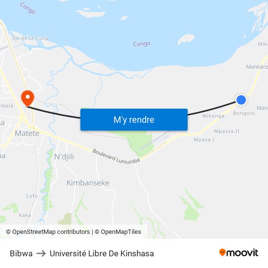 Bibwa to Université Libre De Kinshasa map