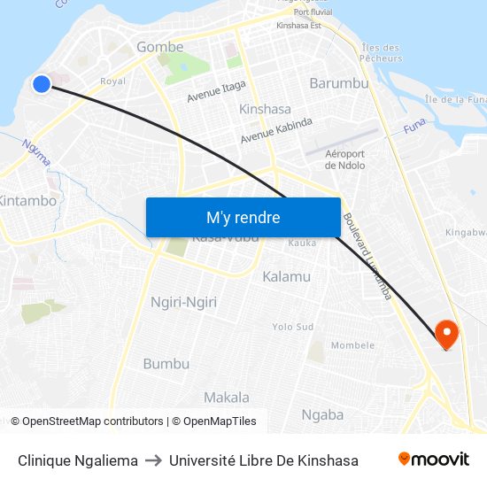 Clinique Ngaliema to Université Libre De Kinshasa map