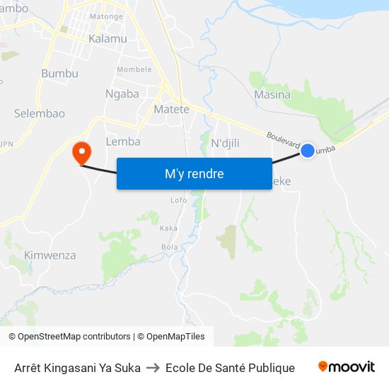 Arrêt Kingasani Ya Suka to Ecole De Santé Publique map