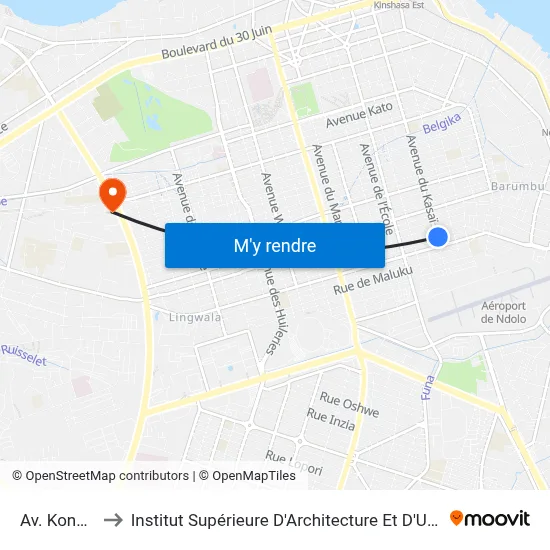 Av. Kongolo to Institut Supérieure D'Architecture Et D'Urbanisme map