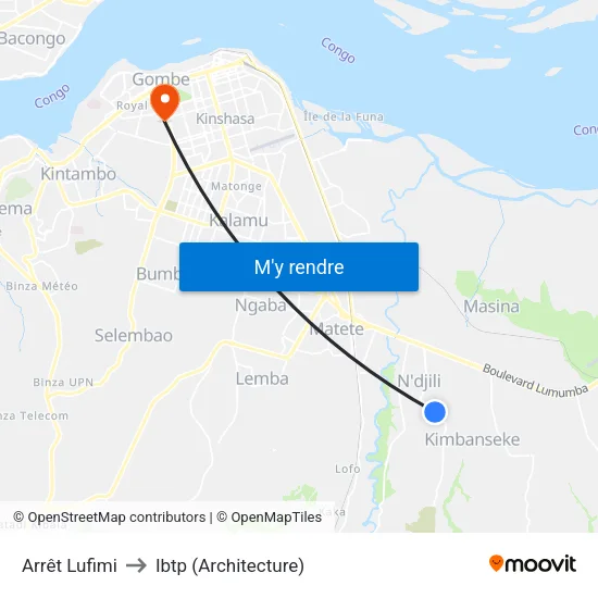 Arrêt Lufimi to Ibtp (Architecture) map