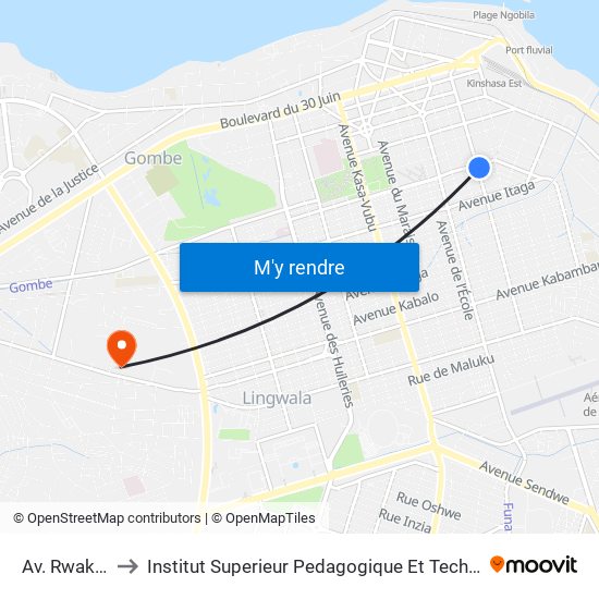 Av. Rwakadingi to Institut Superieur Pedagogique Et Technique De Kinshasa map