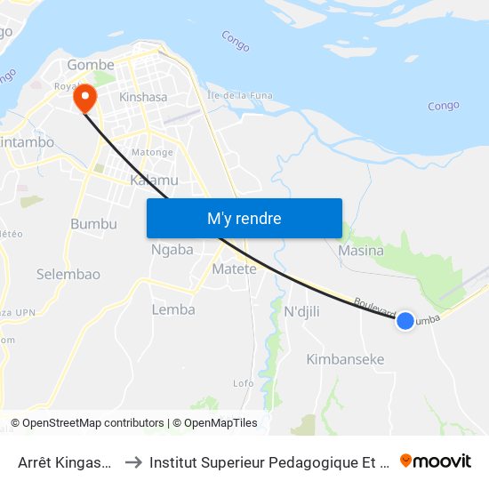 Arrêt Kingasani Ya Suka to Institut Superieur Pedagogique Et Technique De Kinshasa map