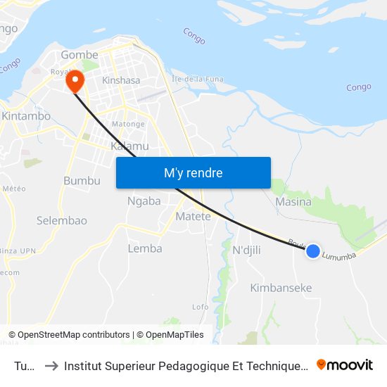 Tuana to Institut Superieur Pedagogique Et Technique De Kinshasa map