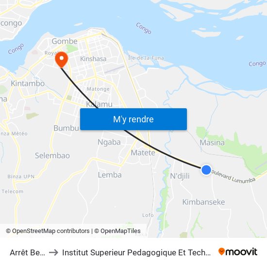 Arrêt Bekatef to Institut Superieur Pedagogique Et Technique De Kinshasa map