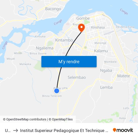 Upn to Institut Superieur Pedagogique Et Technique De Kinshasa map