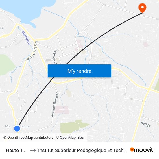 Haute Tension to Institut Superieur Pedagogique Et Technique De Kinshasa map