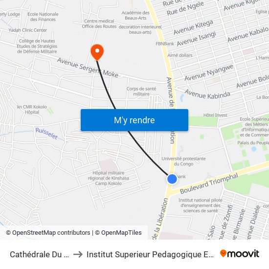 Cathédrale Du Centennaire to Institut Superieur Pedagogique Et Technique De Kinshasa map